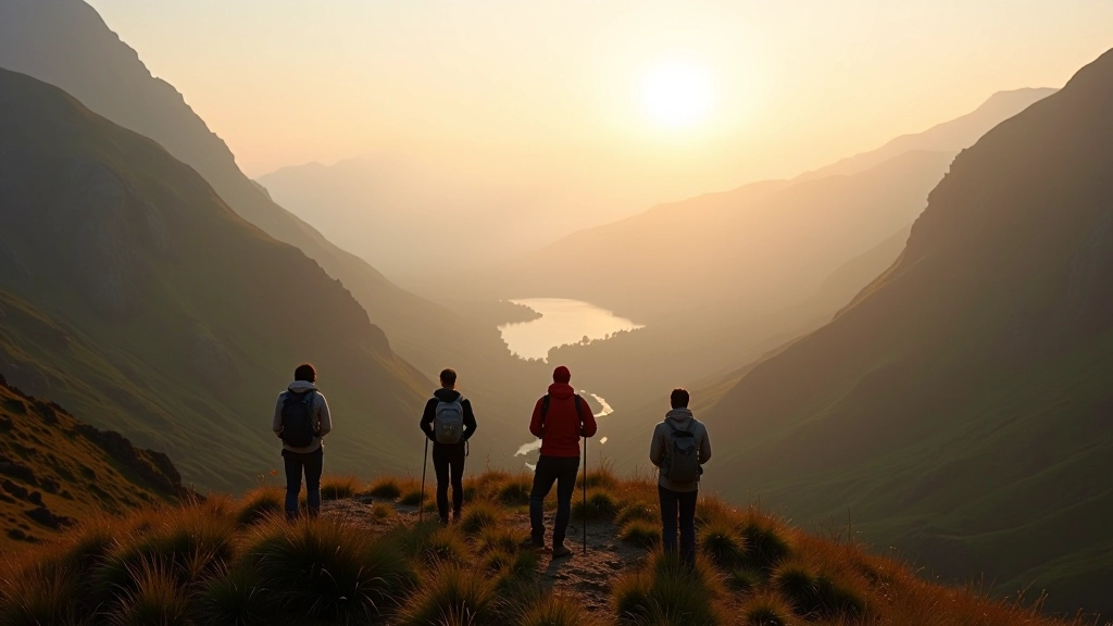 Group of hikers standing together on mountain summit with panoramic landscape views